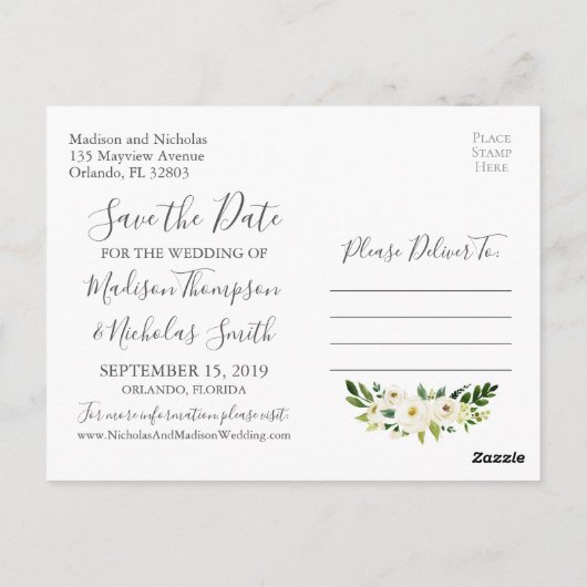 White Flower Wreath Save the Date Briefkaarten (Achterkant)