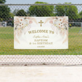 White Flowers 1st Birthday Baptism Welcome Sign Spandoek (Insitu)