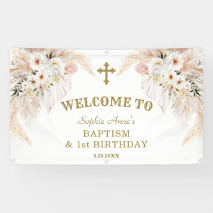 White Flowers 1st Birthday Baptism Welcome Sign Spandoek
