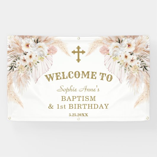 White Flowers 1st Birthday Baptism Welcome Sign Spandoek (Horizontaal)