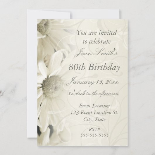 White Flowers 80th Birthday Party Invitations Kaart (Achterkant)