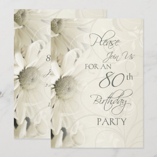 White Flowers 80th Birthday Party Invitations Kaart (Voorkant / Achterkant)