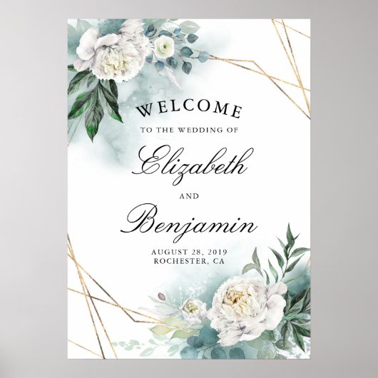 White Flowers and Gold Lijst Wedding Welcome Sign Poster (Voorkant)