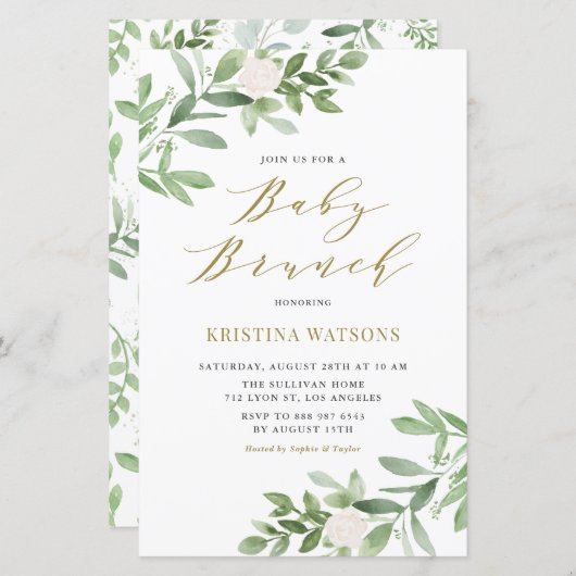 White Flowers and Greenery Baby Brunch Invitation (Voorkant / Achterkant)