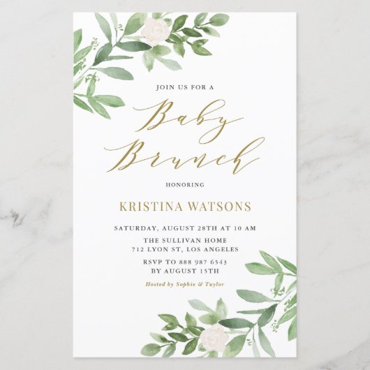 White Flowers and Greenery Baby Brunch Invitation (Voorkant)