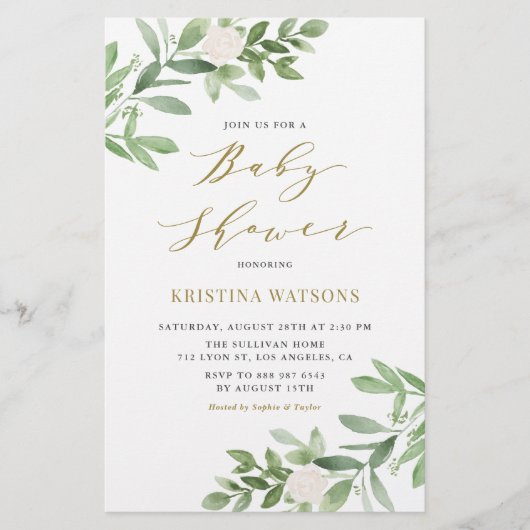 White Flowers and Greenery Baby shower Invitation (Voorkant)