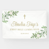 White Flowers and Greenery First Heilige Communie Spandoek (Horizontaal)