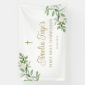 White Flowers and Greenery First Heilige Communie Spandoek (Verticaal)