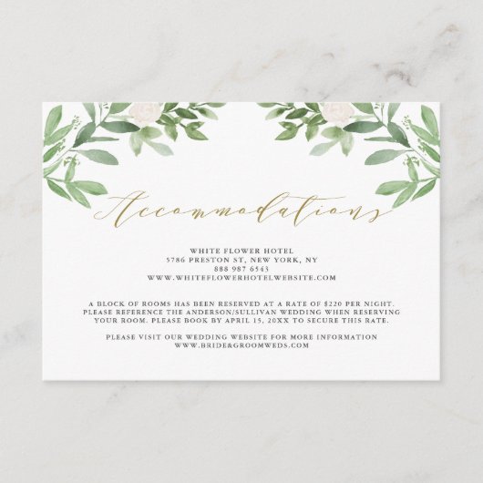 White Flowers and Greenery Wedding Accommodations Informatiekaartje (Voorkant)