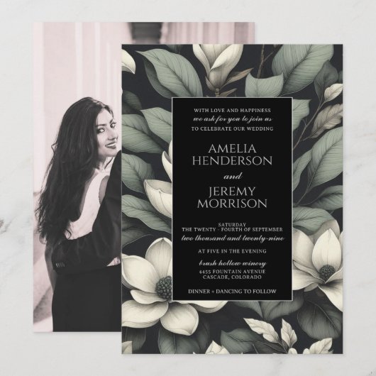 White Flowers and Greenery Wedding Kaart (Voorkant / Achterkant)