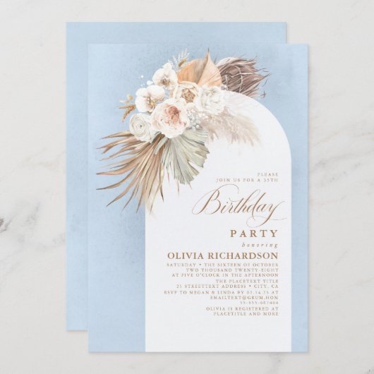 White Flowers and Pampas Grass Boho Birthday Kaart (Voorkant / Achterkant)