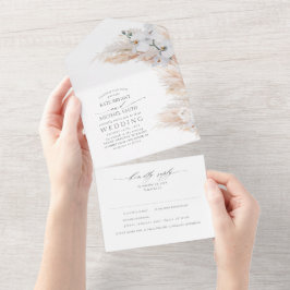 White Flowers and Pampas Grass Elegant Wedding All In One Uitnodiging
