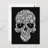 White Flowers and Vines Skull Design on Black Briefkaart (Voorkant / Achterkant)