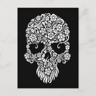White Flowers and Vines Skull Design on Black Briefkaart