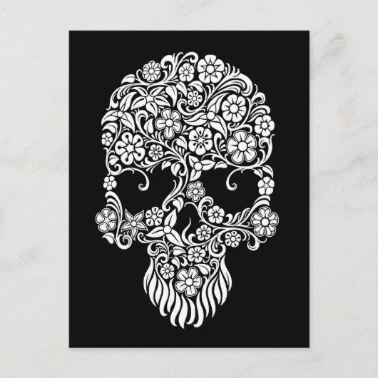 White Flowers and Vines Skull Design on Black Briefkaart (Voorkant)