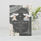 White Flowers Baptism and Birthday Fiesta Twin   Kaart (Staand voorkant)