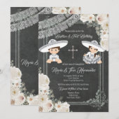 White Flowers Baptism and Birthday Fiesta Twin   Kaart (Voorkant / Achterkant)