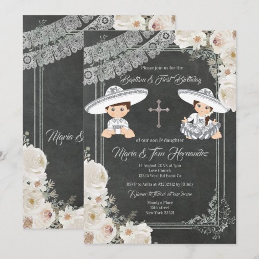 White Flowers Baptism and Birthday Fiesta Twin   Kaart (Voorkant / Achterkant)