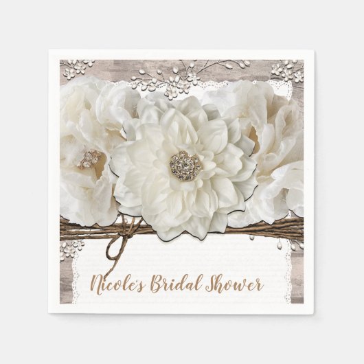 White Flowers & Birch Rustic Glam Vrijgezellenfees Servet (Voorkant)