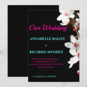 White Flowers/Black Background Wedding Invitation Kaart (Voorkant / Achterkant)