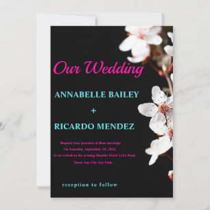White Flowers/Black Background Wedding Invitation Kaart