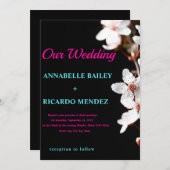 White Flowers/Black Background Wedding Invitation Kaart (Voorkant / Achterkant)