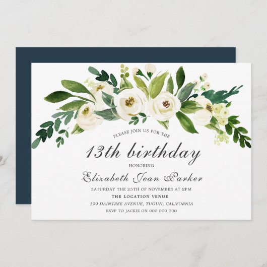 White Flowers Blooming 13th Birthday Party Invite Kaart (Voorkant / Achterkant)