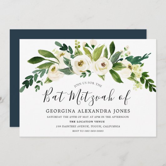 White Flowers Blooming Bat Mitzvah Invitation Kaart (Voorkant / Achterkant)