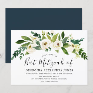 White Flowers Blooming Bat Mitzvah Invitation Kaart