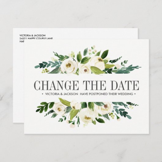 White Flowers BRUILOFT WIJZIG DE DATUM UITSTEL Aankondigingskaart (Voorkant / Achterkant)