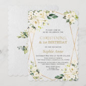 White Flowers Christening 1st Birthday Party Kaart (Voorkant / Achterkant)