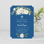 White Flowers Classic Blue Boy Baptisme Kaart (Staand voorkant)