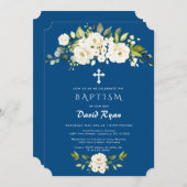 White Flowers Classic Blue Boy Baptisme Kaart (Voorkant / Achterkant)