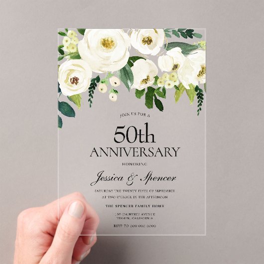 White Flowers & Cream 50th Wedding Jubileum Acryl Uitnodigingen (Insitu (Draagbaar))