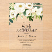 White Flowers & Cream 50th Wedding Jubileum Acryl Uitnodigingen (Voorkant)