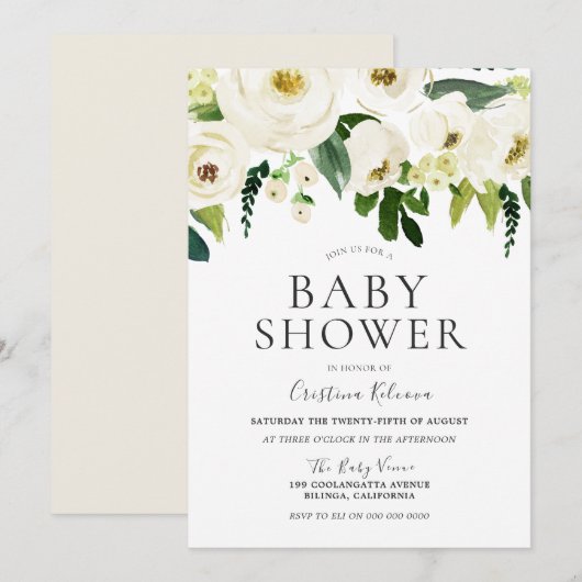 White Flowers & Cream Elegant Baby shower Kaart (Voorkant / Achterkant)