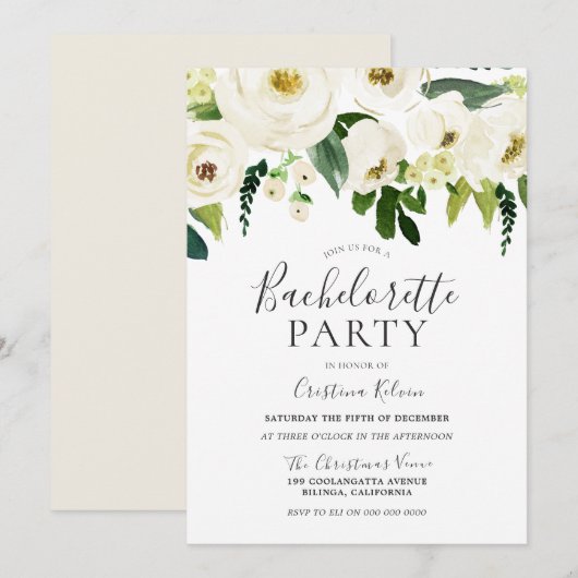 White Flowers & Cream Elegant Bachelorette Party Kaart (Voorkant / Achterkant)