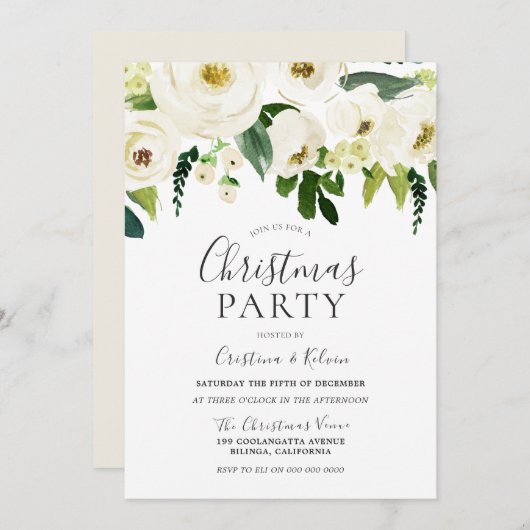 White Flowers & Cream Elegant-kerstparty Kaart (Voorkant / Achterkant)