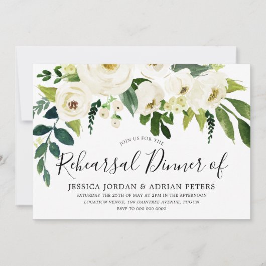 White Flowers & Cream Elegant Rehearsal Dinner Kaart (Voorkant)
