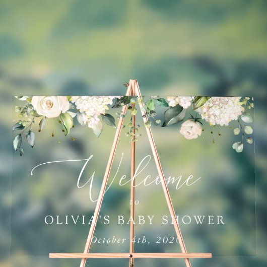White Flowers, Cream Flowers, Baby shower Welcome Acryl Bord (Neutraal)