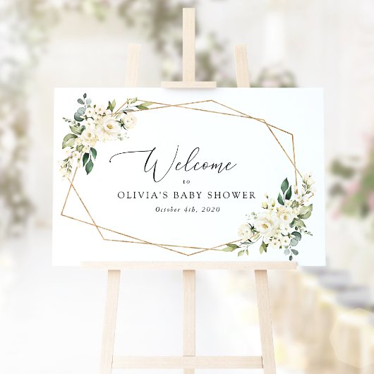 White Flowers, Cream Flowers, Baby shower Welcome Poster