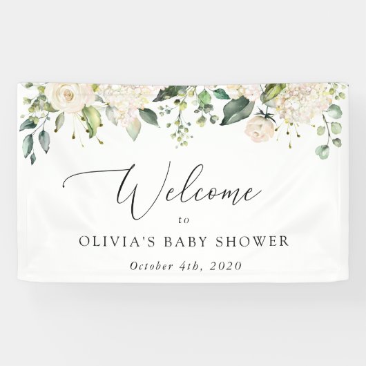 White Flowers, Cream Flowers, Baby shower Welcome Spandoek (Horizontaal)