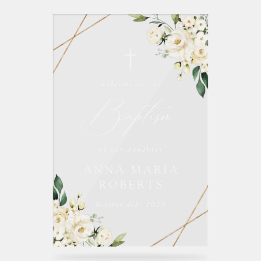 White Flowers, Cream Flowers, Baptism Welcome Acryl Bord (Voorkant)