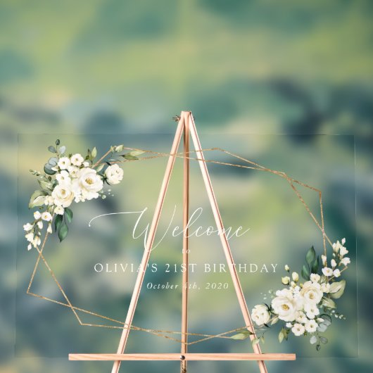 White Flowers, Cream Flowers, Birthday Welcome Acryl Bord (Neutraal)