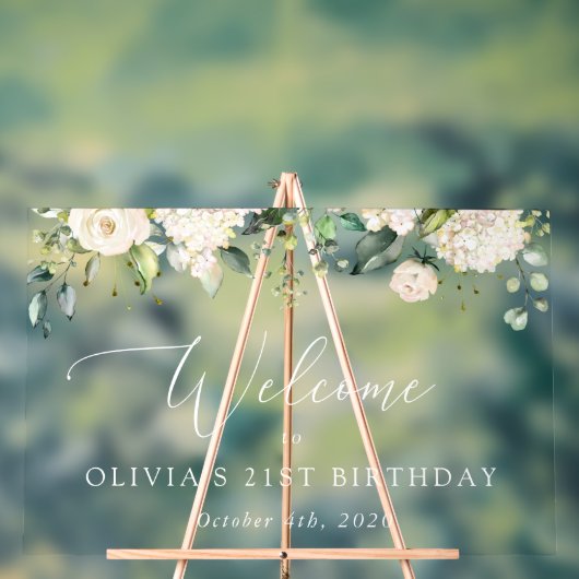 White Flowers, Cream Flowers, Birthday Welcome Acryl Bord (Neutraal)