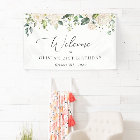 White Flowers, Cream Flowers, Birthday Welcome Spandoek (Insitu)