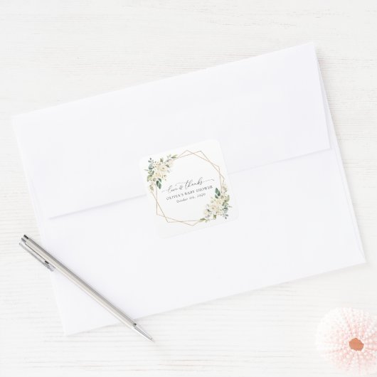 White Flowers, Cream Flowers, Boho, Baby shower Vierkante Sticker (Envelop)