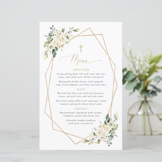 White Flowers, Cream Flowers, Boho, Baptism Menu (Staand voorkant)
