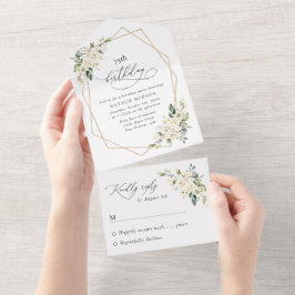 White Flowers, Cream Flowers, Boho, Birthday All In One Uitnodiging