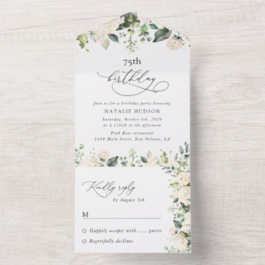 White Flowers, Cream Flowers, Boho, Birthday All In One Uitnodiging (Binnen)